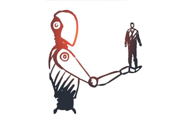 A stylized human silhouette with internal gears and cogs, overlaid with a broken chain link symbol, representing vulnerability and the breakdown of critical thinking processes in the face of widespread misinformation. The background is a muted, abstract digital pattern.