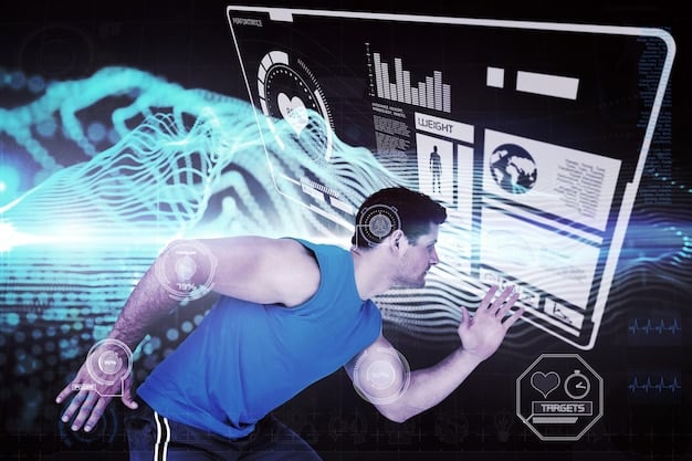 A futuristic graphic showing a US athlete wearing biometric sensors during practice, with data overlays illustrating heart rate and brain activity, representing advanced training.
