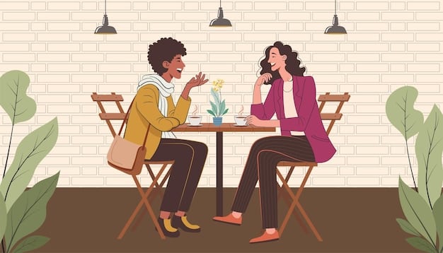 Two people sitting at a cafe table, engaged in a serious and direct conversation, with open body language.