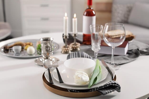 A neatly set dinner table in an American home, with plates, cutlery, and glasses arranged correctly, suggesting a formal dining setting.