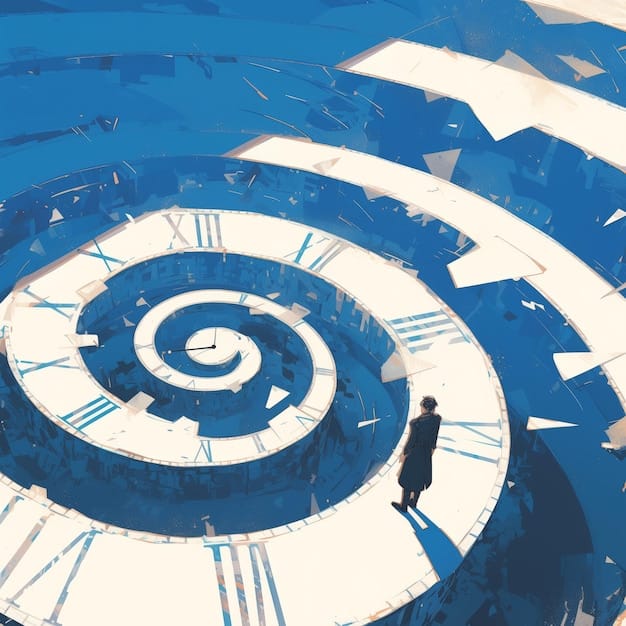 An abstract representation of time, with some pathways illustrating immediate gratification and others showing a meandering, longer path towards future goals.