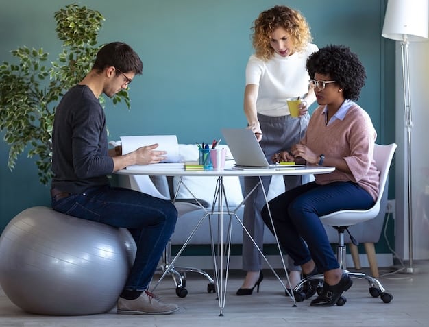 A diverse team collaborating on a project, with individuals actively contributing and discussing ideas in a modern office setting, showing a healthy balance of individual and team effort.