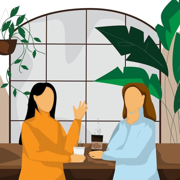 Two people maintaining comfortable eye contact and open body language as they chat in a coffee shop, illustrating good non-verbal communication during small talk.