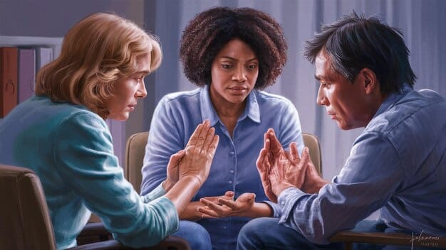 Professionals of different cultural backgrounds engaged in an animated discussion, using gestures and facial expressions that convey diverse communication styles, perhaps in a brainstorming session.