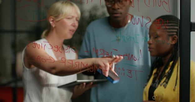 A diverse team collaboratively working on a whiteboard, with various sticky notes representing feedback and ideas, showing active listening and positive body language in an inclusive environment.