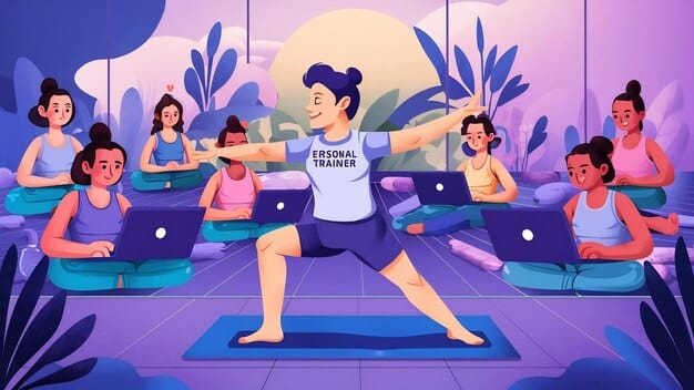 A visual illustration of a corporate wellness program, with employees participating in a yoga class or mindfulness session in an office setting, representing wellness initiatives aimed at improving work-life balance.