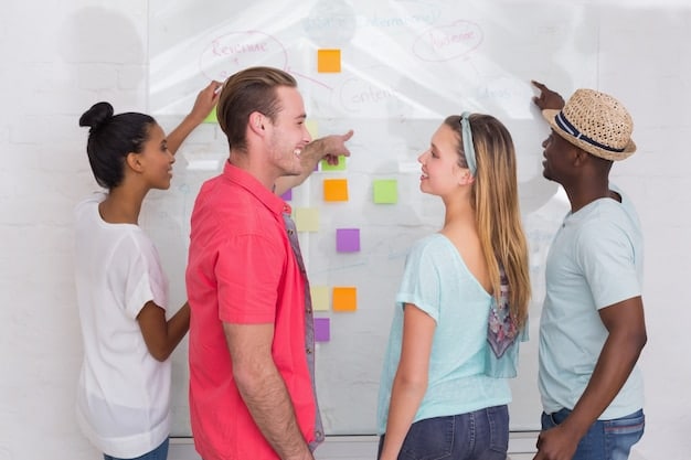 A diverse team of innovators brainstorming ideas in a modern, open-plan office, surrounded by whiteboards with diagrams and sticky notes, symbolizing collaborative innovation and forward thinking.
