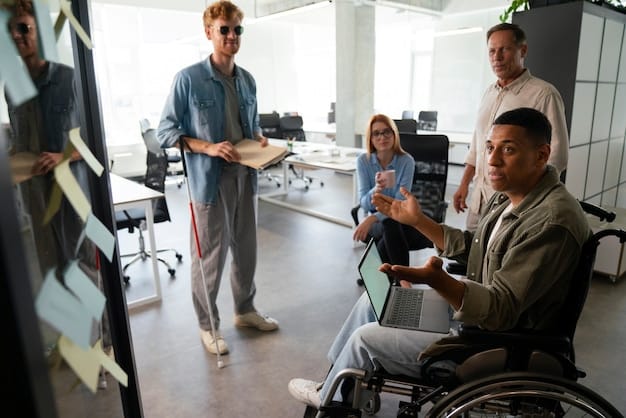 A diverse team of employees undergoing an accessibility training session, with one instructor demonstrating how to assist a person in a wheelchair. Focus on positive interaction and learning.