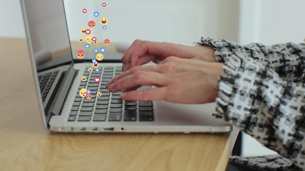 A close-up of hands typing on a laptop, with a diverse array of emojis and chat bubbles depicted on the screen, illustrating digital communication and inclusive language.