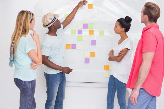 A diverse team collaboratively brainstorming, with sticky notes on a whiteboard, all participating equally and contributing ideas.