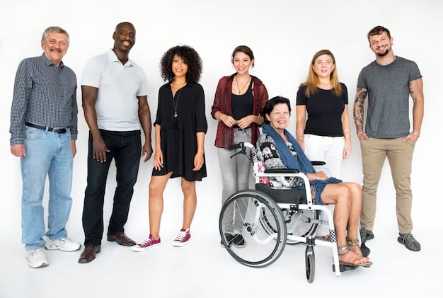 A diverse group of people, including individuals of different ages, ethnicities, and abilities, are gathered listening intently to a speaker. The speaker is delivering information clearly and directly, with visual aids that are universally understandable. The image represents clear and empathetic communication reaching varied audiences.
