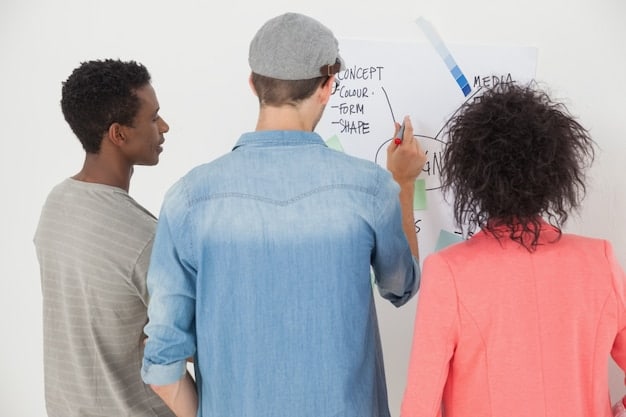 A diverse team is debriefing after a crisis, looking at a whiteboard filled with notes and flowcharts. They are actively listening to each other, with one person taking notes, emphasizing continuous improvement and learning from past events. The setting is professional yet collaborative.