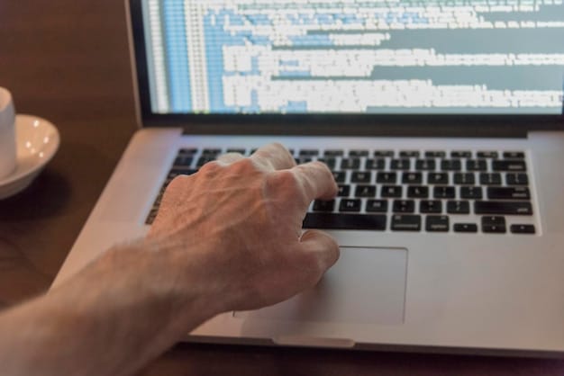 A close-up of a hand typing alt-text into a content management system's image description field, with code snippets visible in the background. The focus is on the act of writing the description.