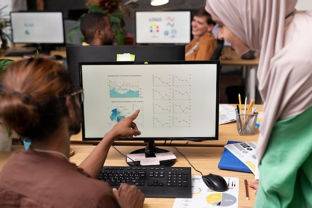 A diverse group of people around a table, analyzing charts and discussing survey results about workplace communication, pointing at data on a screen, portraying deep analysis and discussion.