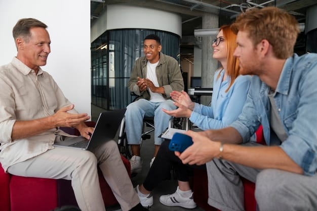 A meeting facilitator actively listening to diverse team members who are collaboratively brainstorming ideas on a digital whiteboard, emphasizing the importance of active listening and digital collaboration tools.