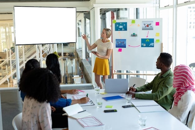 A group of individuals collaborating online, brainstorming ideas for community-led content, with a whiteboard displaying diverse topics and formats.