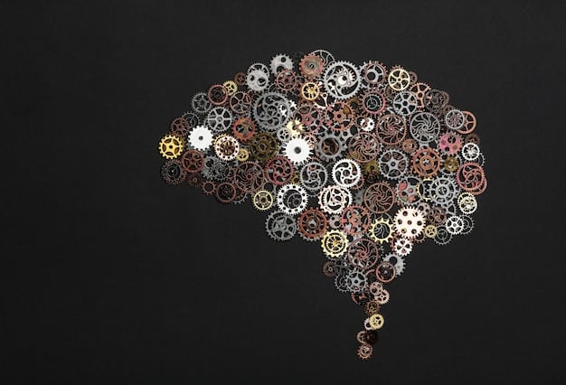 A brain graphic with gears and cogs turning, indicating psychological mechanisms at work, with abstract light trails flowing between different cognitive areas, symbolizing the resolution of conflicting thoughts.