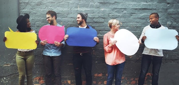 A diverse group of people engaged in a heated but civilized debate, with thought bubbles above their heads showing conflicting ideas and question marks, symbolizing social interaction and cognitive dissonance in community discussions.