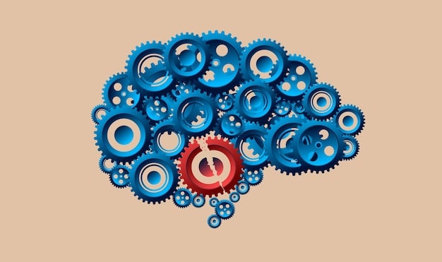 A detailed illustration of a brain thinking, surrounded by gears and cogs, representing the complex psychological mechanisms of cognitive dissonance reduction, with arrows pointing to 'rationalization', 'selective attention', and 'belief alteration'.