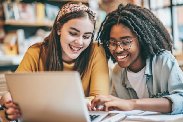 International and American students collaborate on a group project, sharing laptops and notes in a university library, emphasizing teamwork and cross-cultural learning.