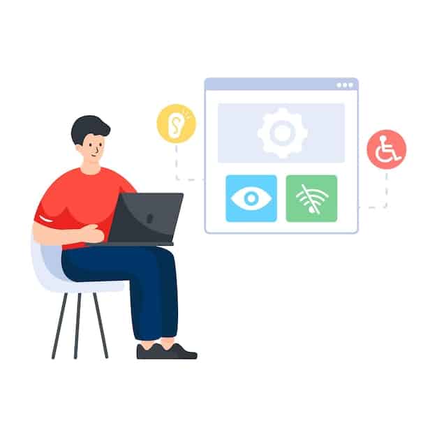 A person using a screen reader on a laptop, with an icon showing accessibility symbol superimposed, emphasizing digital inclusivity.