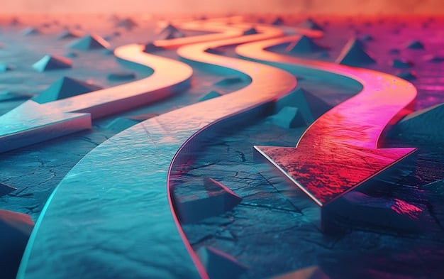 A visual representing a journey or transformation, with arrows pointing from a starting point (e.g., 
